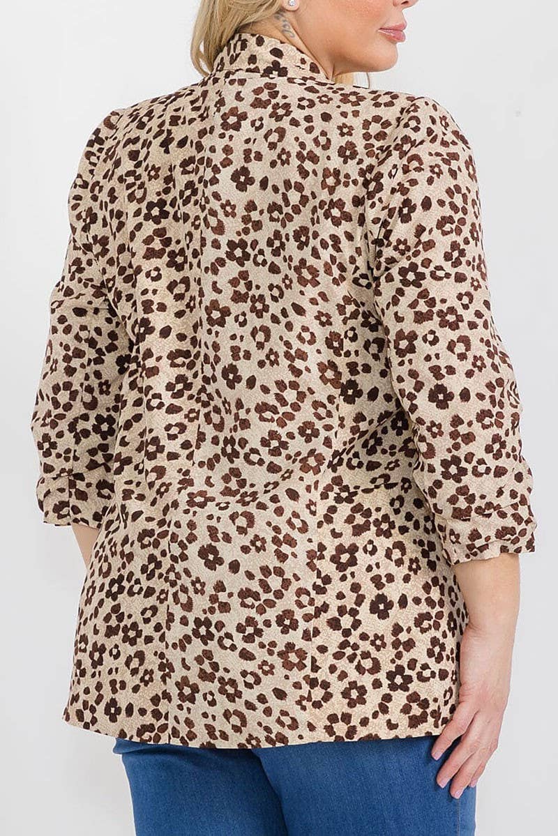 3/4 SLEEVE OPEN FRONT FLORAL BLAZER: Beige / 3X