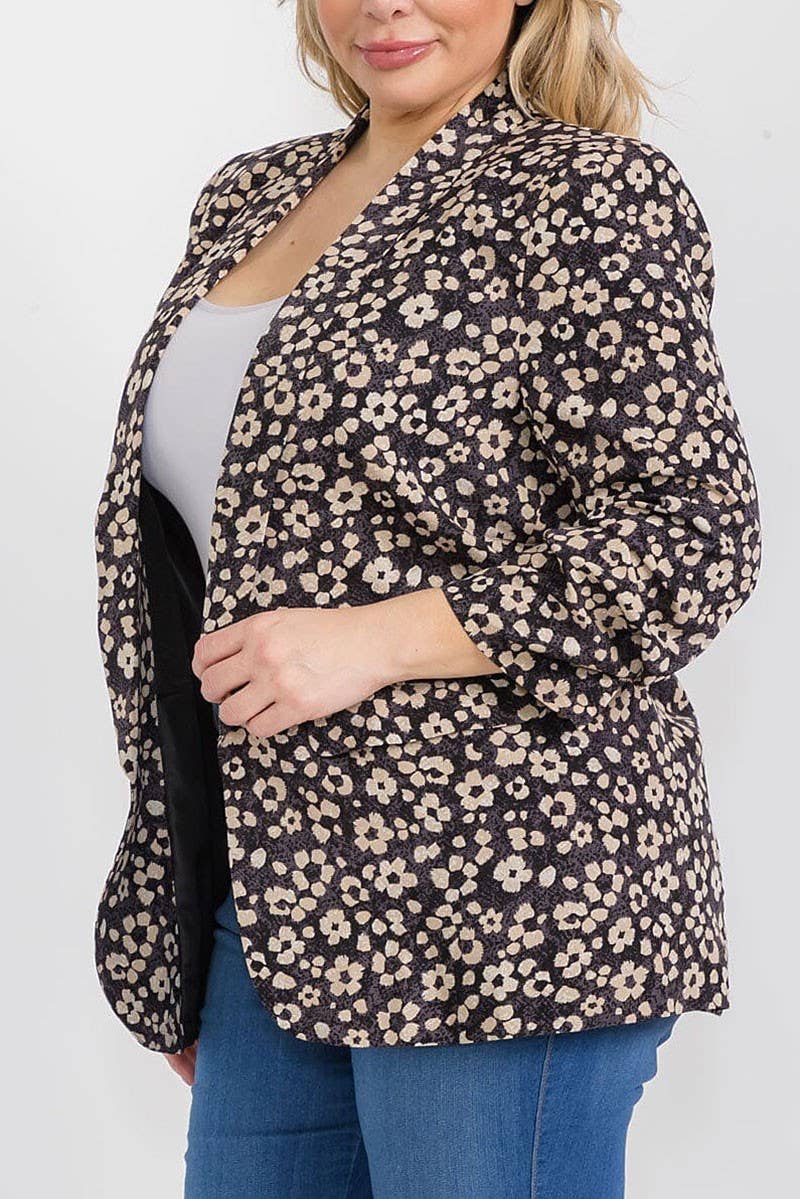 3/4 SLEEVE OPEN FRONT FLORAL BLAZER: Beige / 1X