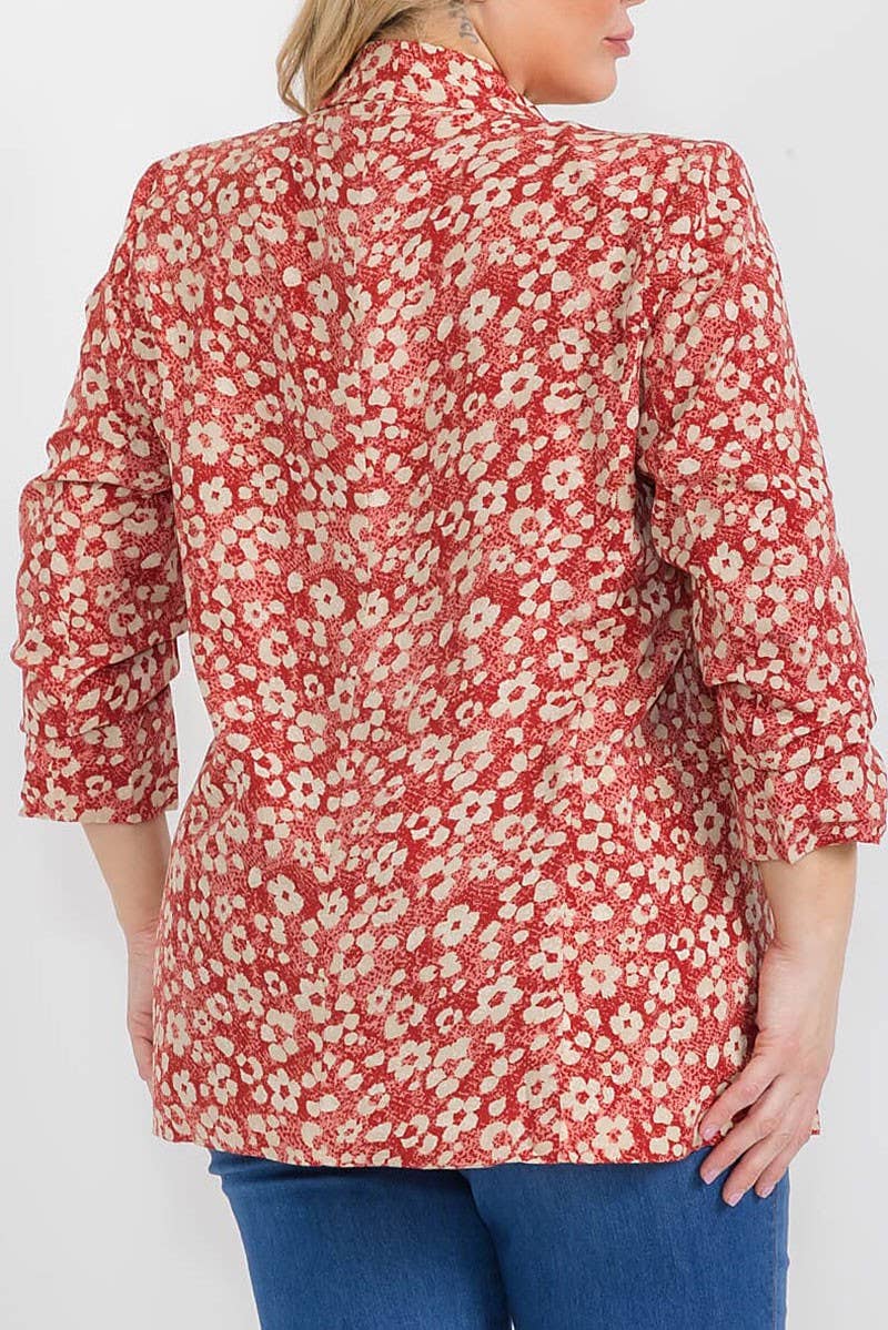 3/4 SLEEVE OPEN FRONT FLORAL BLAZER: Beige / 3X
