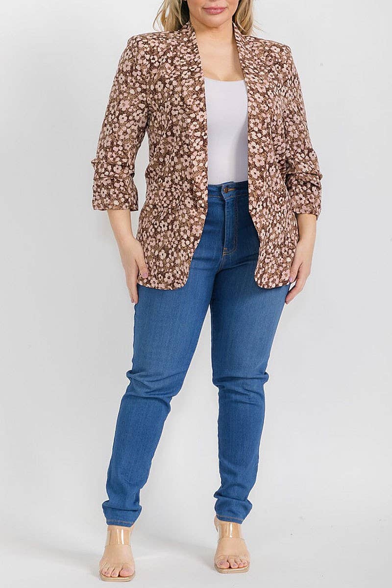 3/4 SLEEVE OPEN FRONT FLORAL BLAZER: Beige / 1X