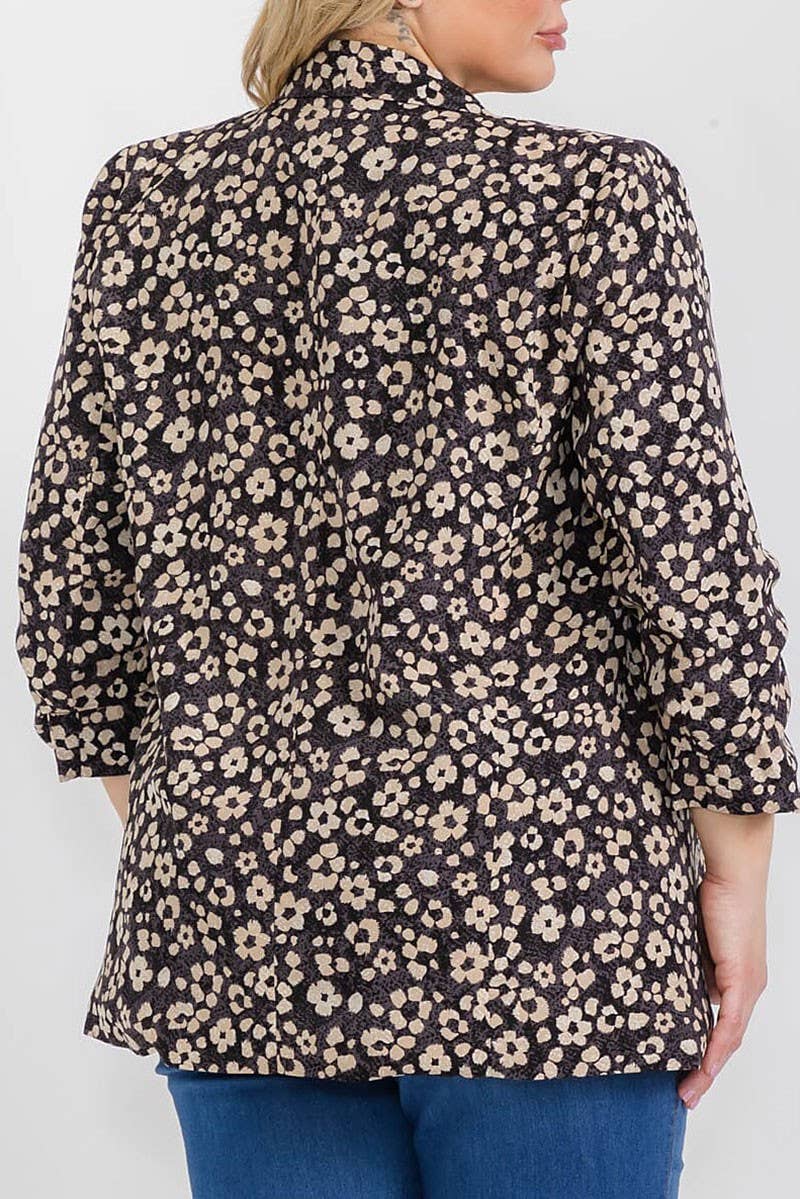 3/4 SLEEVE OPEN FRONT FLORAL BLAZER: Beige / 3X