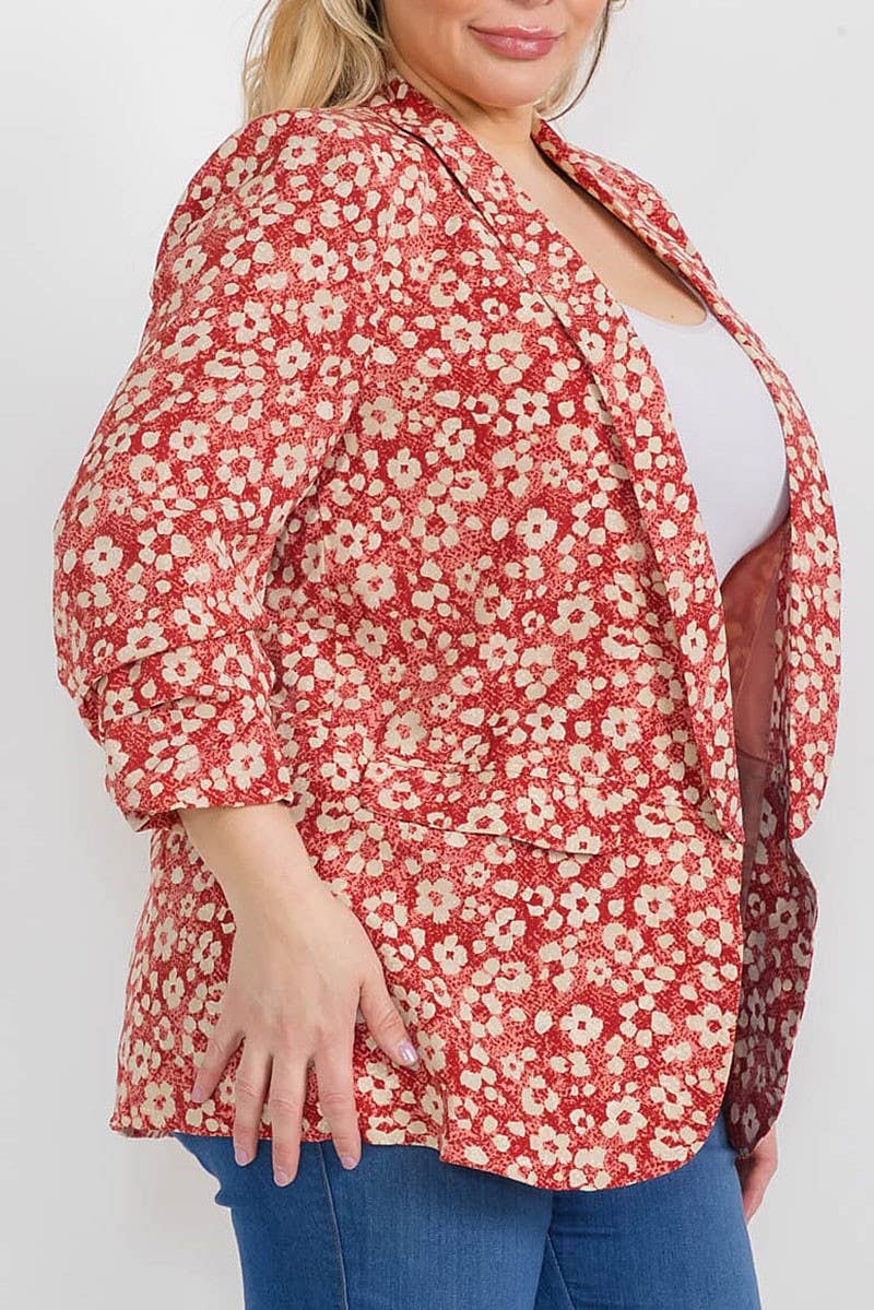 3/4 SLEEVE OPEN FRONT FLORAL BLAZER: Beige / 2X