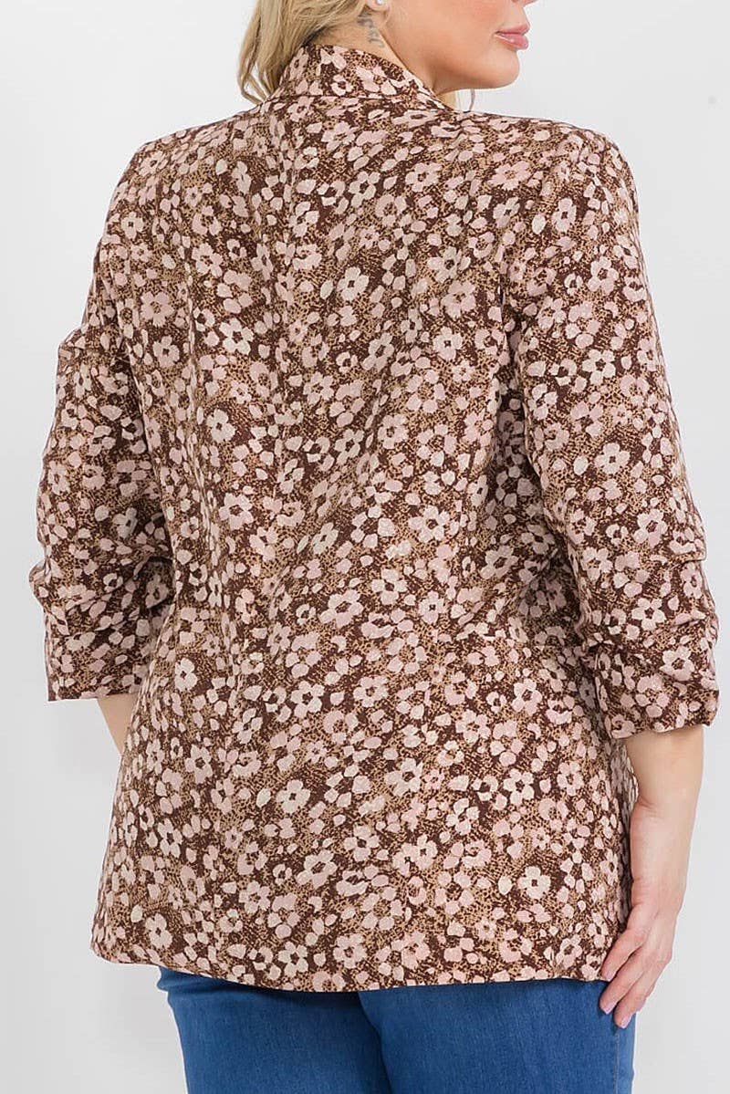 3/4 SLEEVE OPEN FRONT FLORAL BLAZER: Beige / 2X