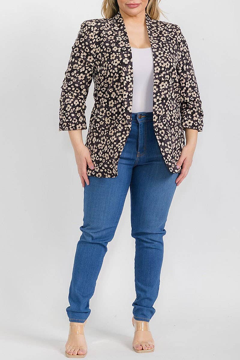 3/4 SLEEVE OPEN FRONT FLORAL BLAZER: Beige / 3X