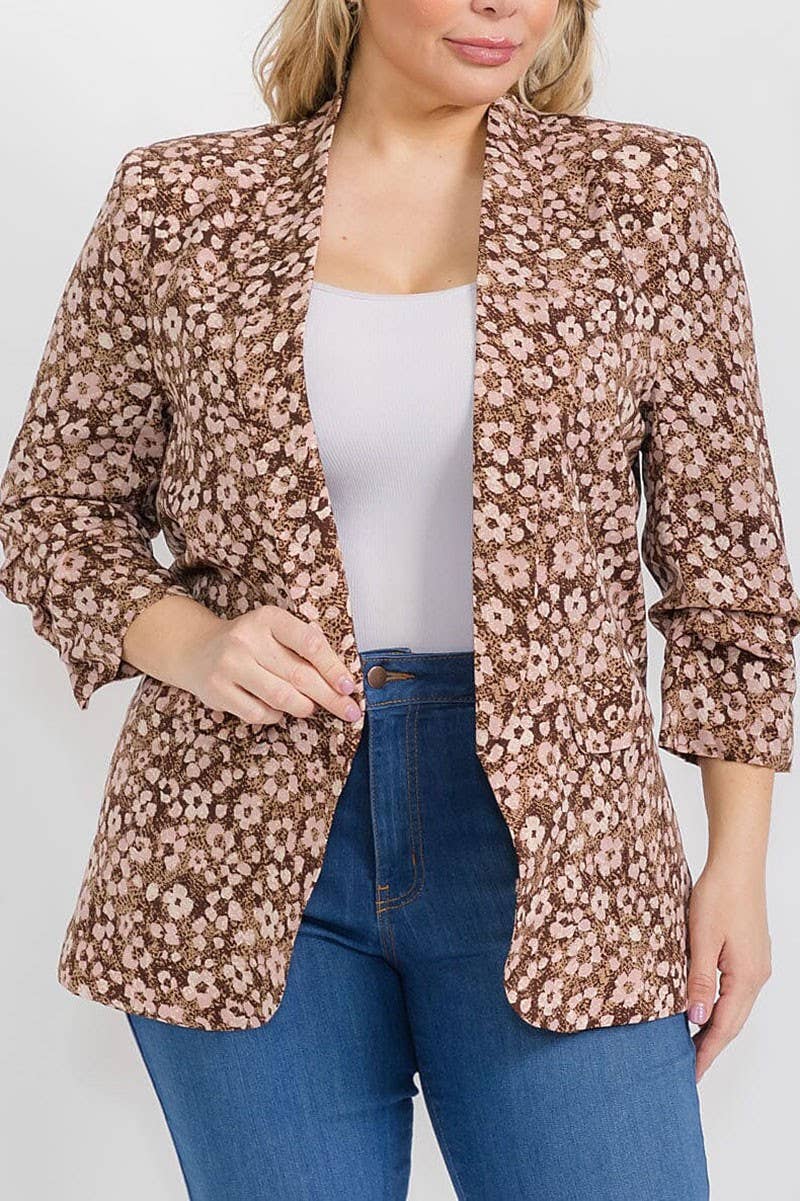 3/4 SLEEVE OPEN FRONT FLORAL BLAZER: Beige / 1X