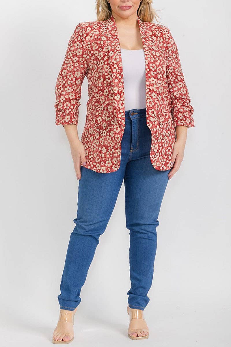 3/4 SLEEVE OPEN FRONT FLORAL BLAZER: Beige / 3X