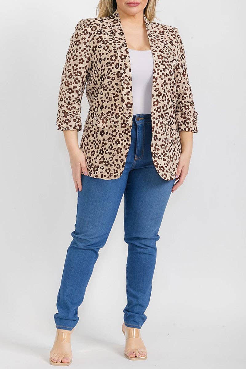 3/4 SLEEVE OPEN FRONT FLORAL BLAZER: Beige / 3X