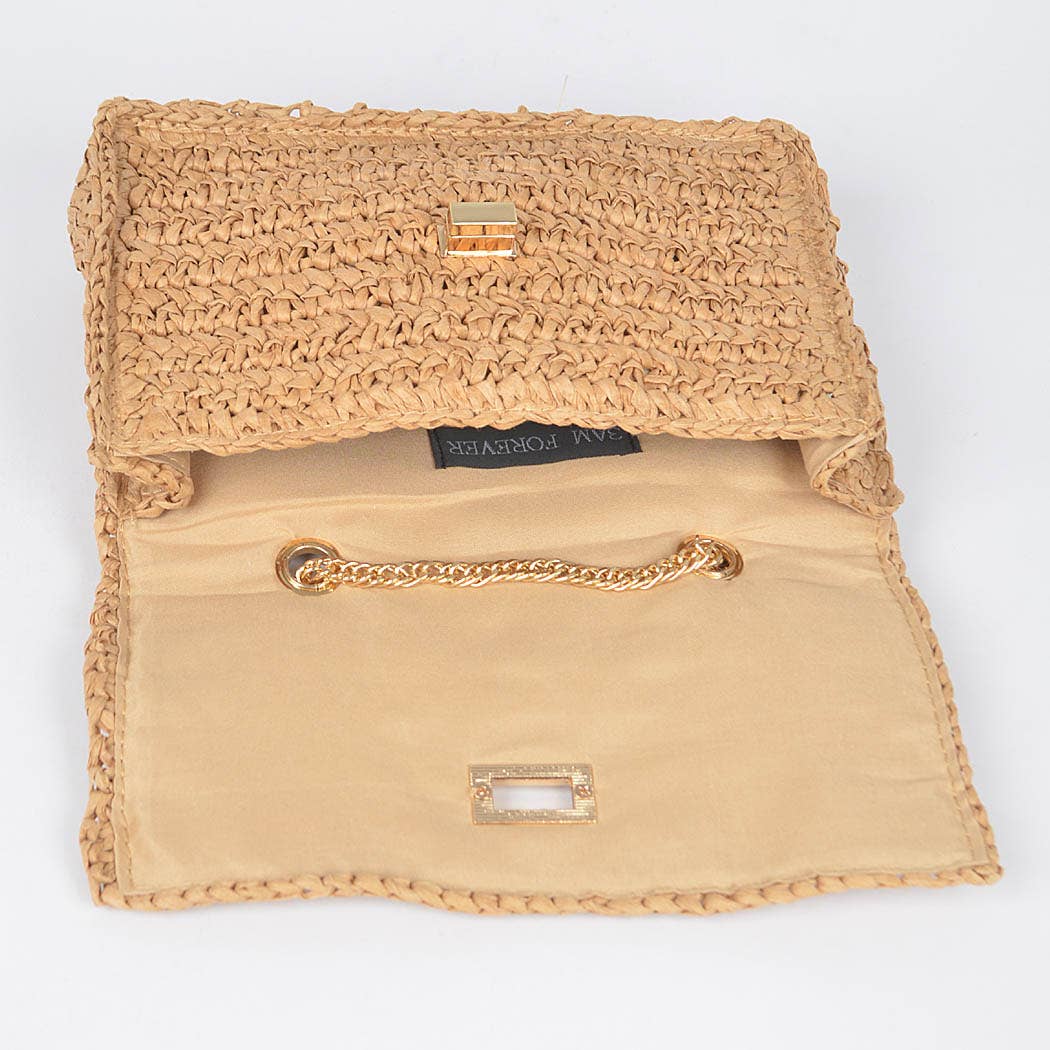 Faux Straw Flap Chain Shoulder Clutch: KH