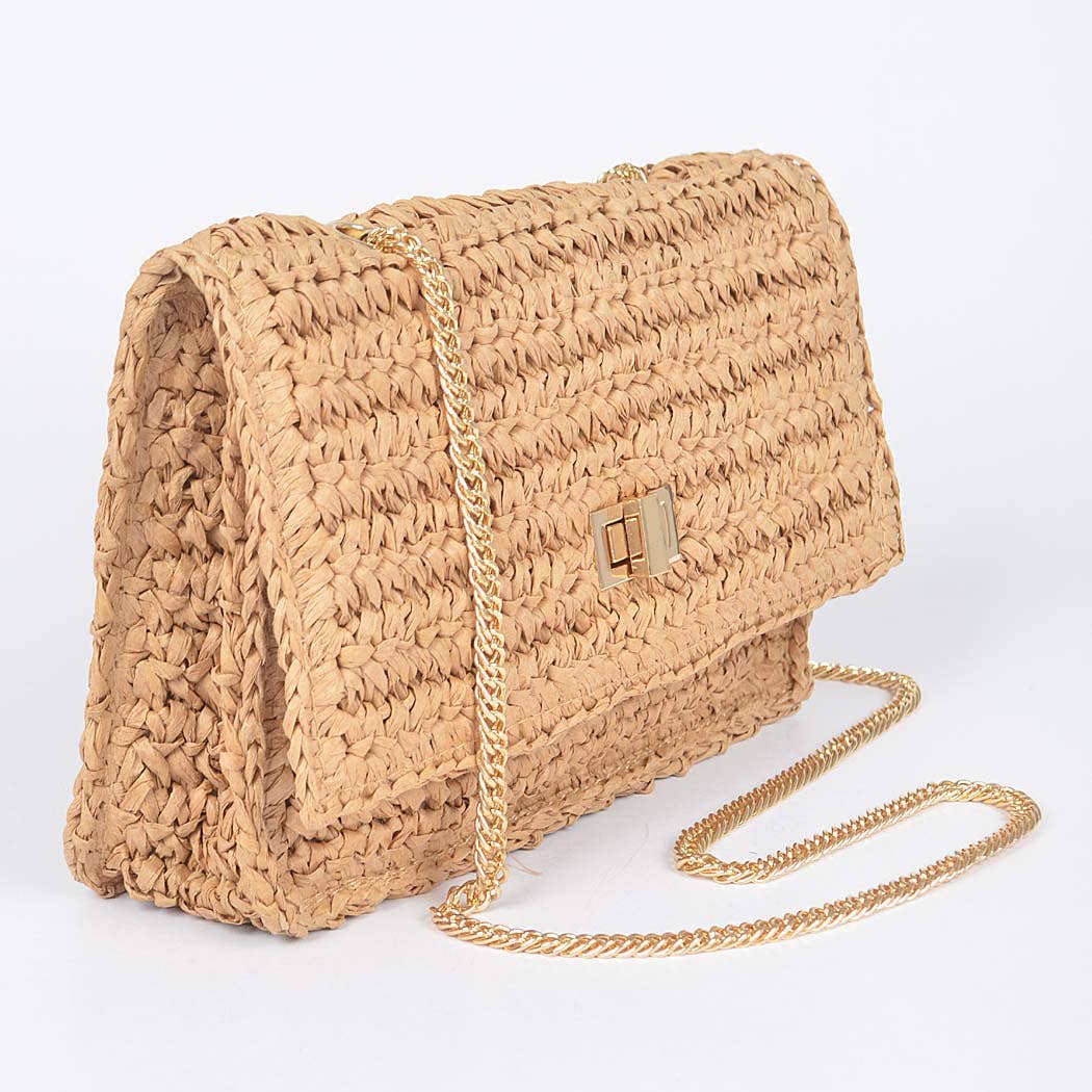 Faux Straw Flap Chain Shoulder Clutch: KH