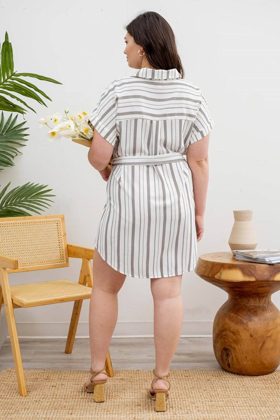 PLUS STRIPE COLLARED SHORT SLEEVE BELTED SHIRT DRESS