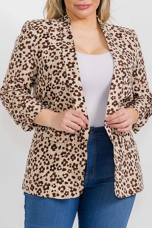 3/4 SLEEVE OPEN FRONT FLORAL BLAZER: Beige / 3X