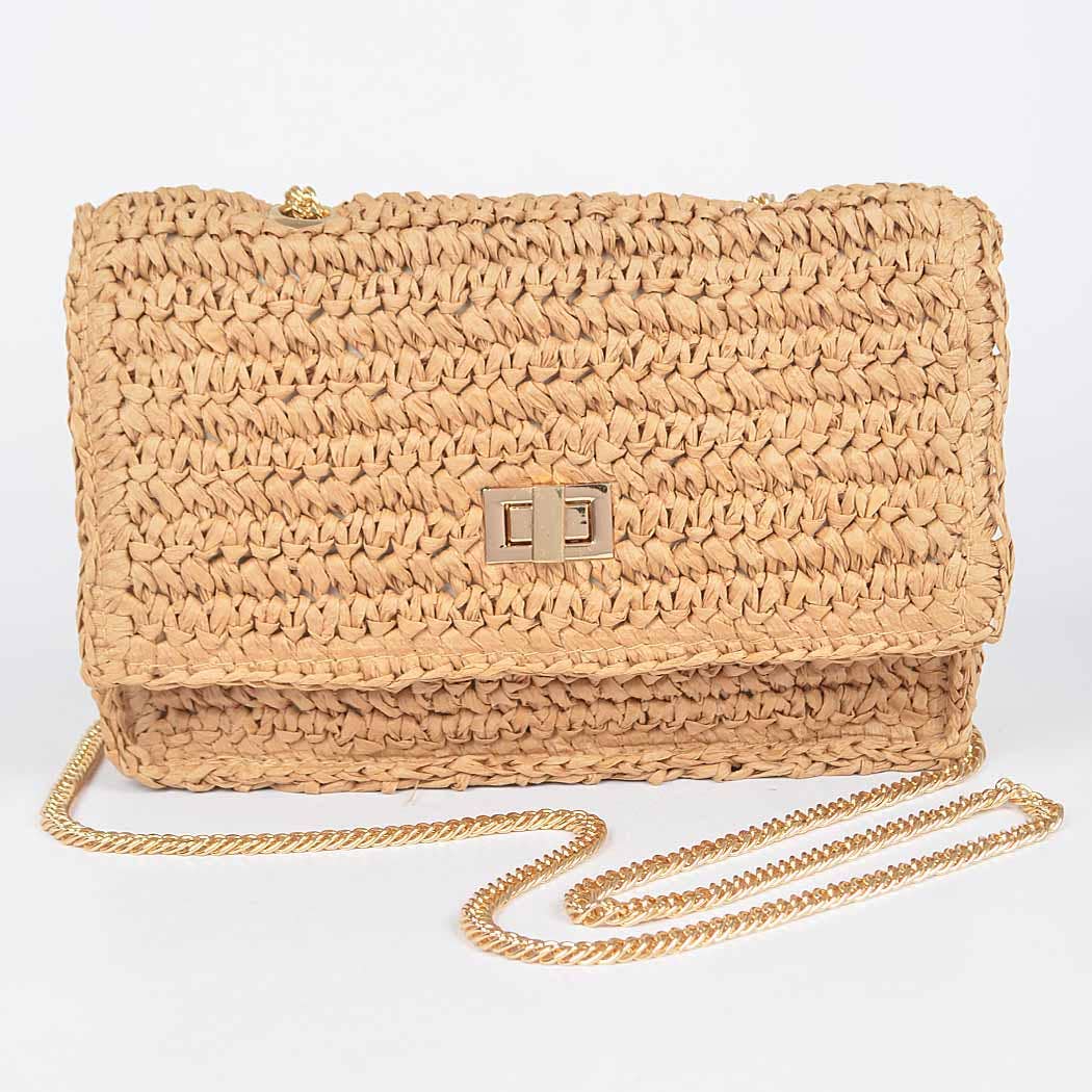 Faux Straw Flap Chain Shoulder Clutch: KH