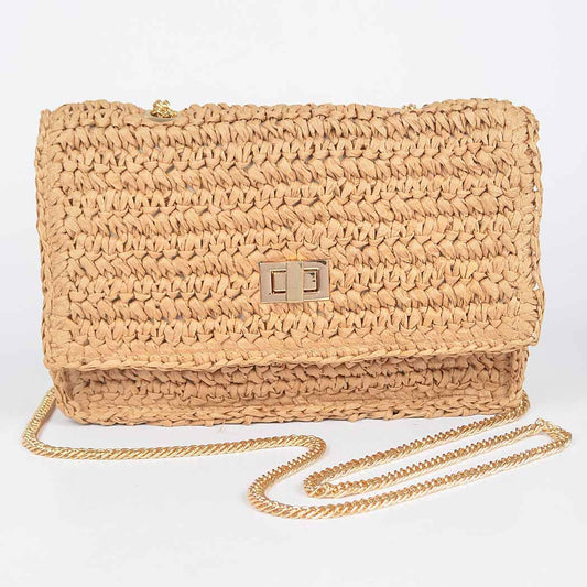 Faux Straw Flap Chain Shoulder Clutch: KH
