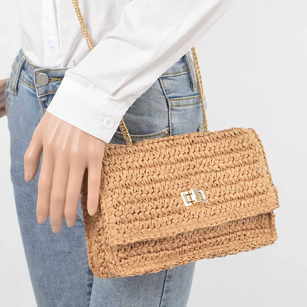 Faux Straw Flap Chain Shoulder Clutch: KH