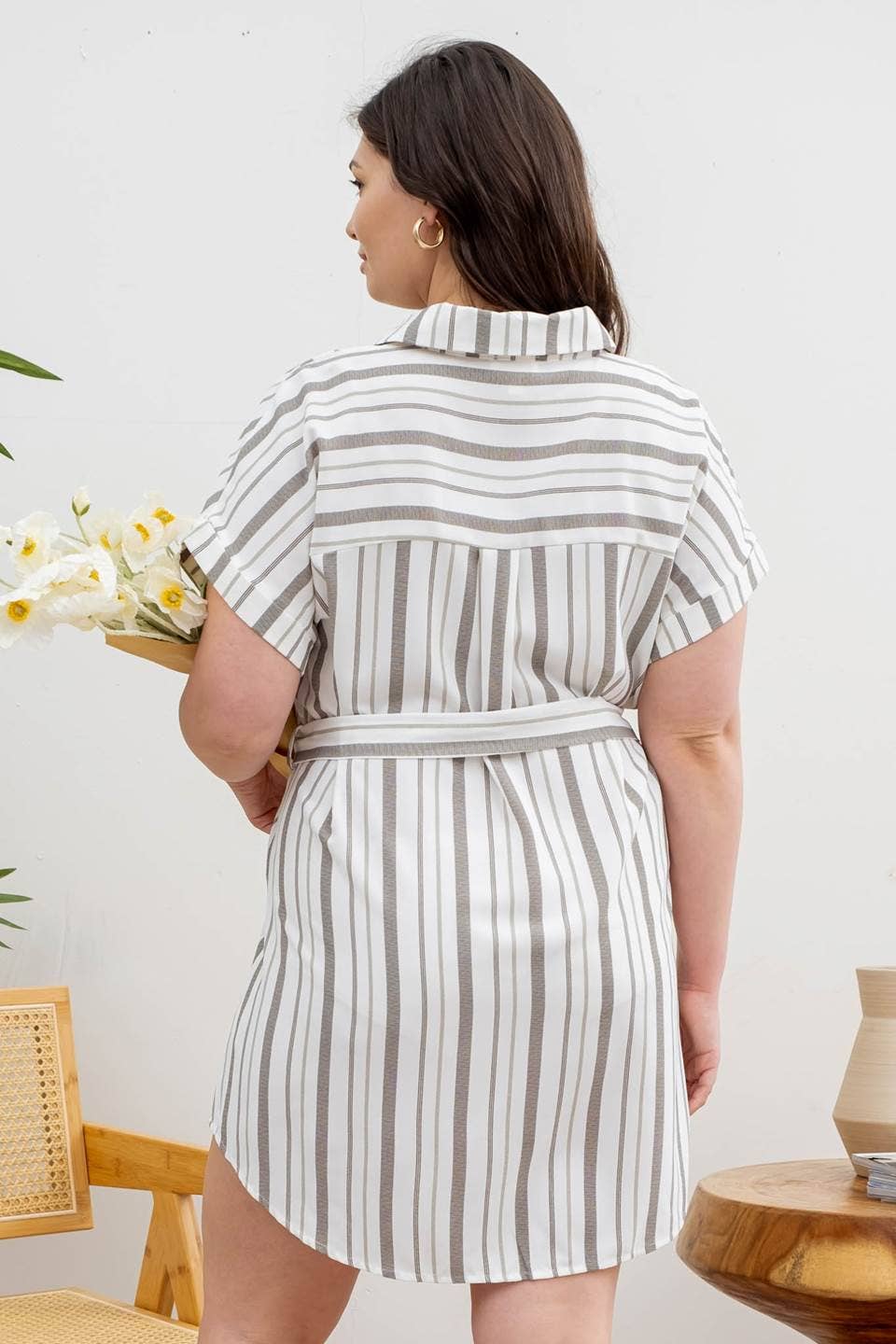 PLUS STRIPE COLLARED SHORT SLEEVE BELTED SHIRT DRESS