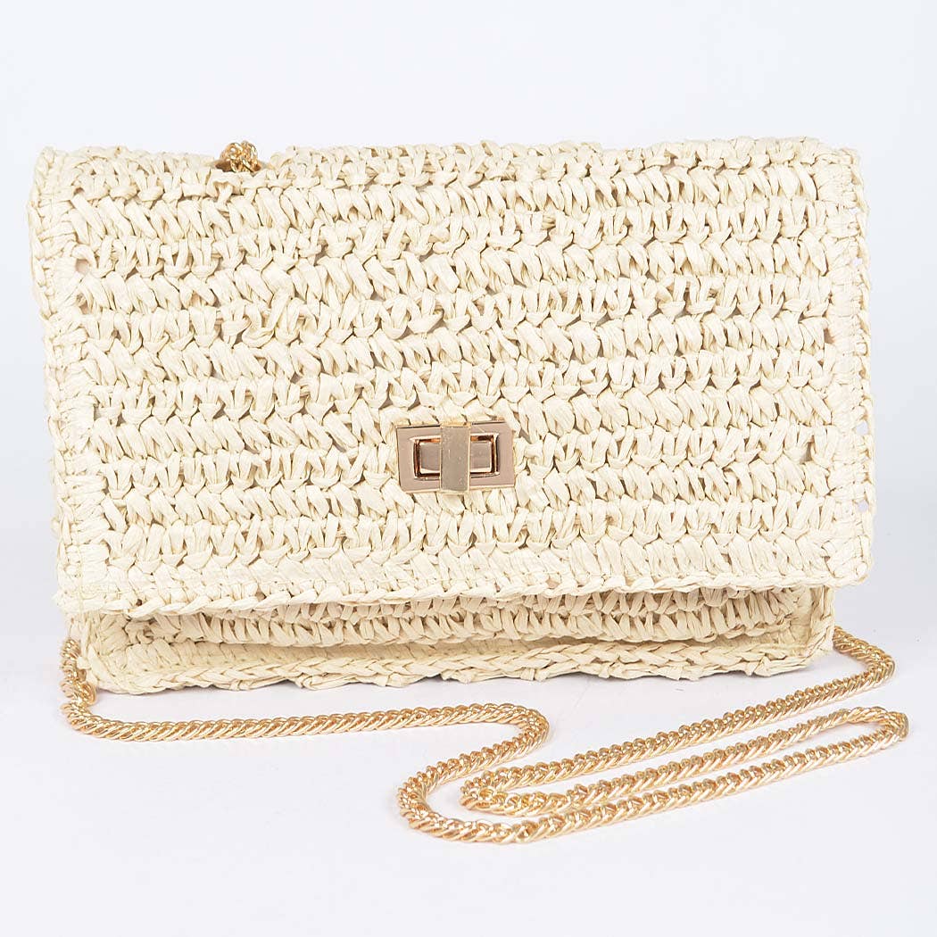 Faux Straw Flap Chain Shoulder Clutch: KH